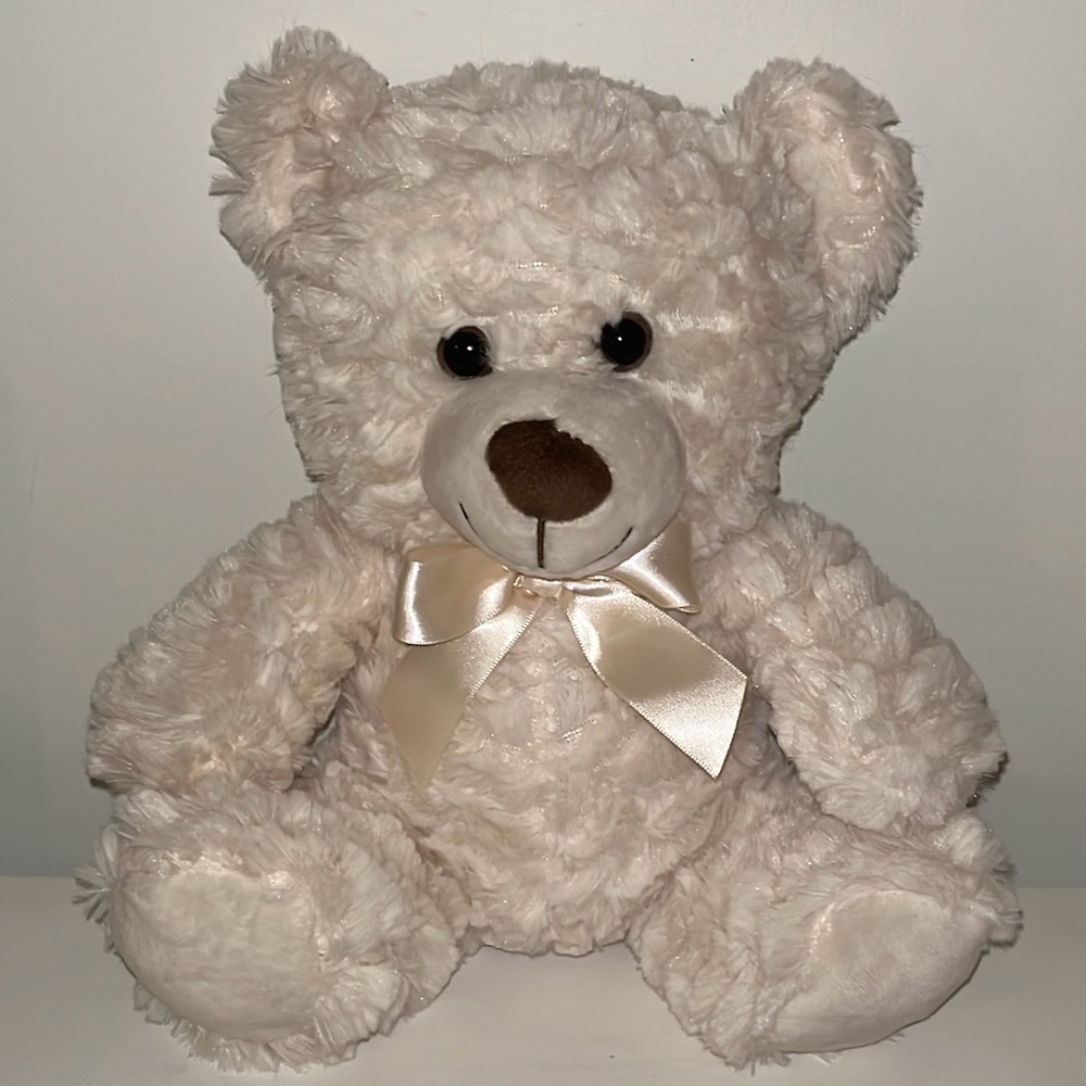 Cream/white teddy bear with bow and brown eyes/nose